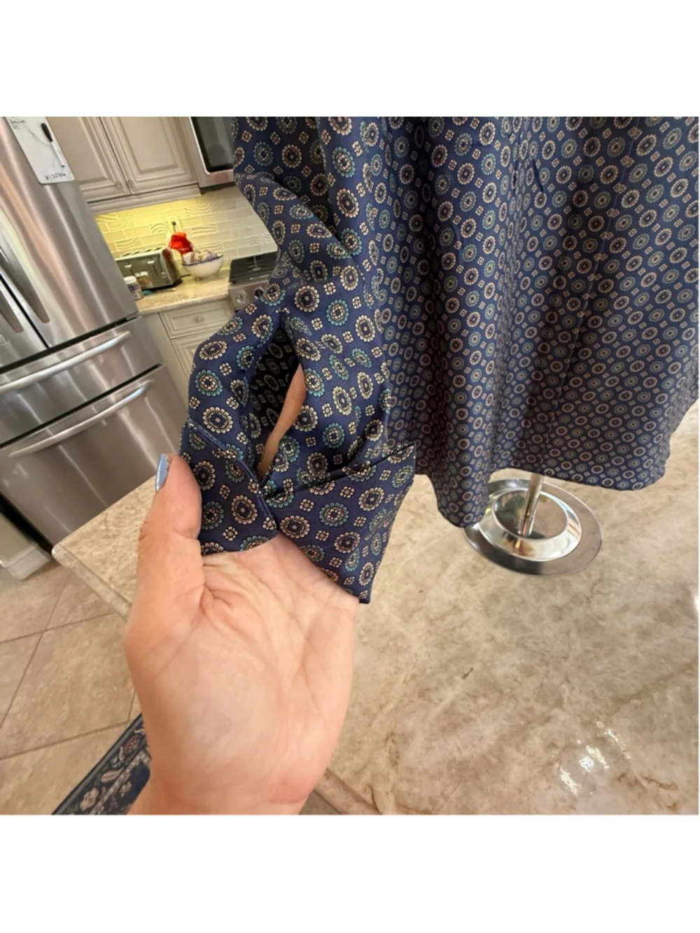 Lafayette 148 silk Button Down Shirt M Blue Brown Dot Print, oversized cuffed - Picture 5 of 11